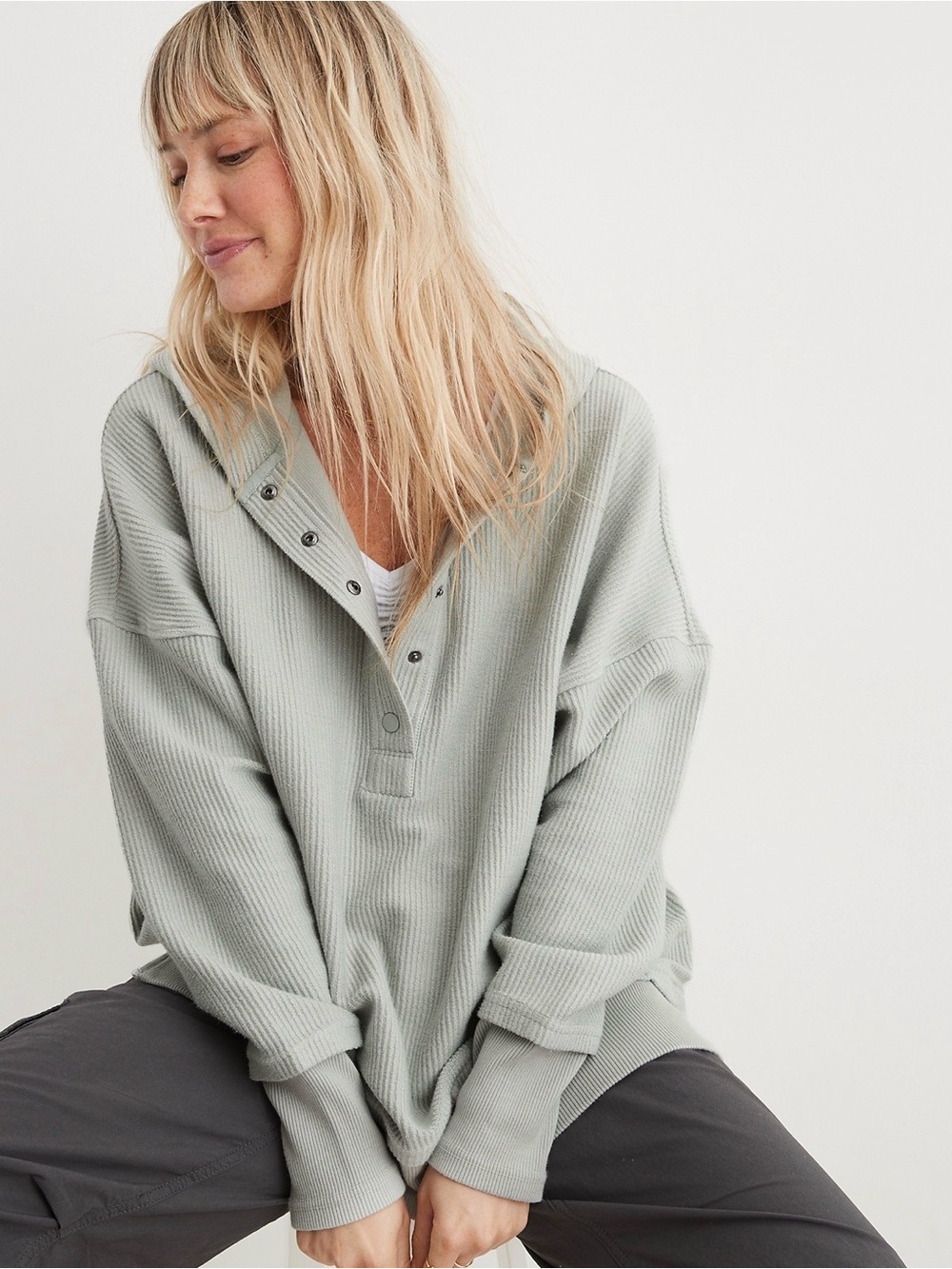 aerie Textured Oversized Henley Hoodie in Cationic Gray